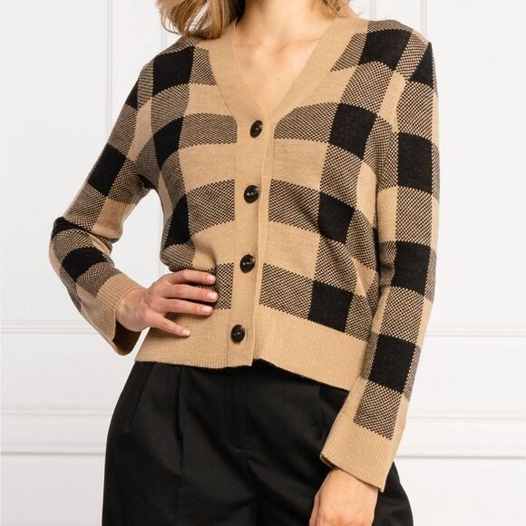 Marella Sport Large Camilla Cardigan Black and Tan Buffalo Check Sweater - Picture 1 of 9